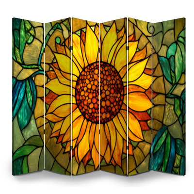 6 Panels Folding Screen Room Divider Royal Rustic Sunflower Stained Glass Window Canvas Screen Room Separator Freestanding Protective Wall Divider Privacy Partition