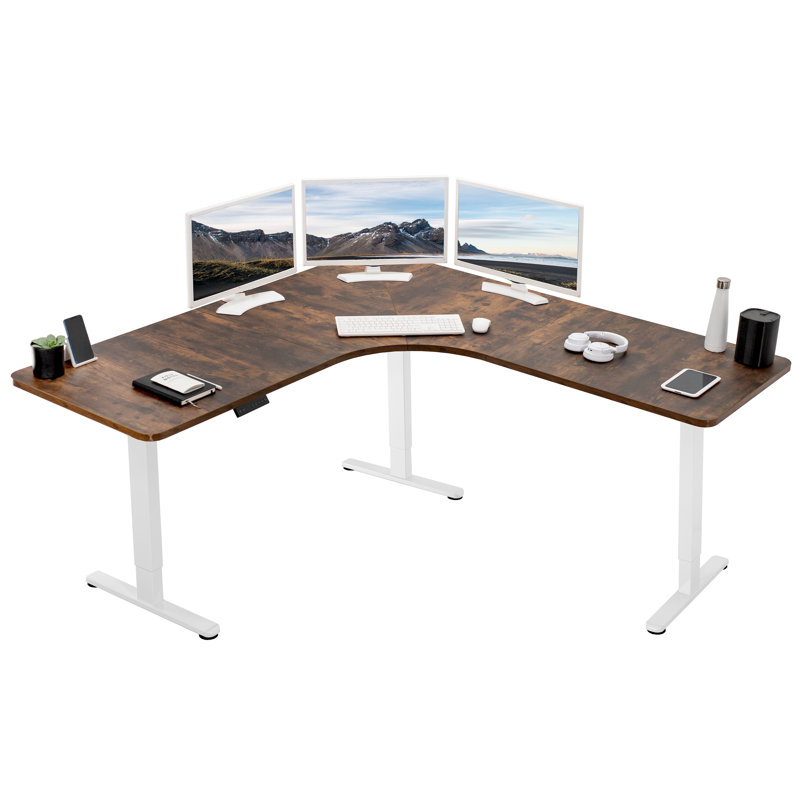 VIVO Electric 71" x 71" Curved Corner Stand Up Desk (E3CB2 Series), Vintage Brown/White