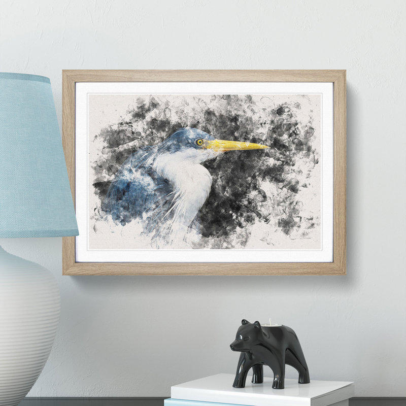 Pied Heron - Picture Frame Painting Print, 45cm H x 63cm W x 2cm D, Oak Framed