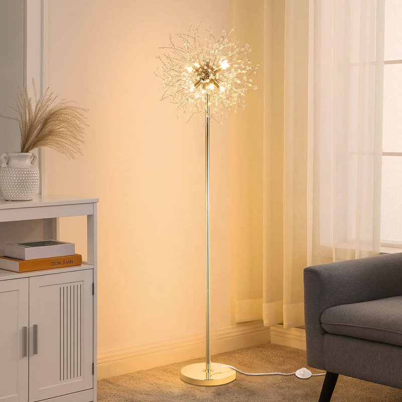 Crystal Floor Lamp, Modern Standing Lamp with K9 Crystal, LED Floor Lamp with On/Off Foot Switch, Metal Tall Pole Lamp for Living Room, Girls Room, Bedroom, Dresser, Office