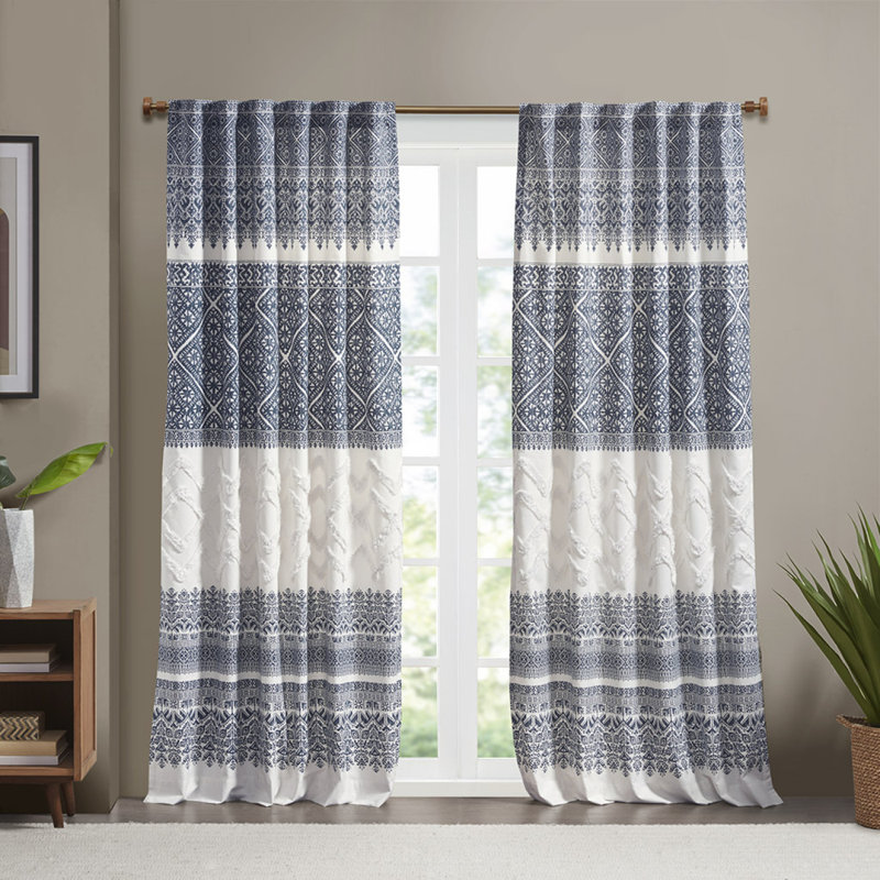 Cotton Printed Curtain Panel With Chenille Detail And Lining(Only 1 Pc Panel), Grey