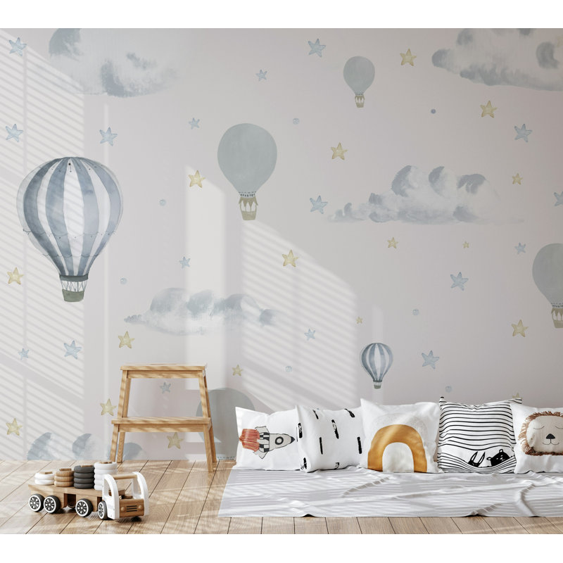 Papier peint amovible Ballons dans le ciel avec étoiles pour chambre d'enfant, L 9 po x l 15 po