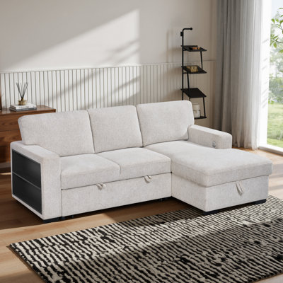 Canapé-lit coulissant en L, canapé-lit modulaire convertible réversible avec méridienne de rangement, porte-gobelets, ports de chargement USB et Type-C, canapé en tissu de lin avec tablette ouverte latérale, beige