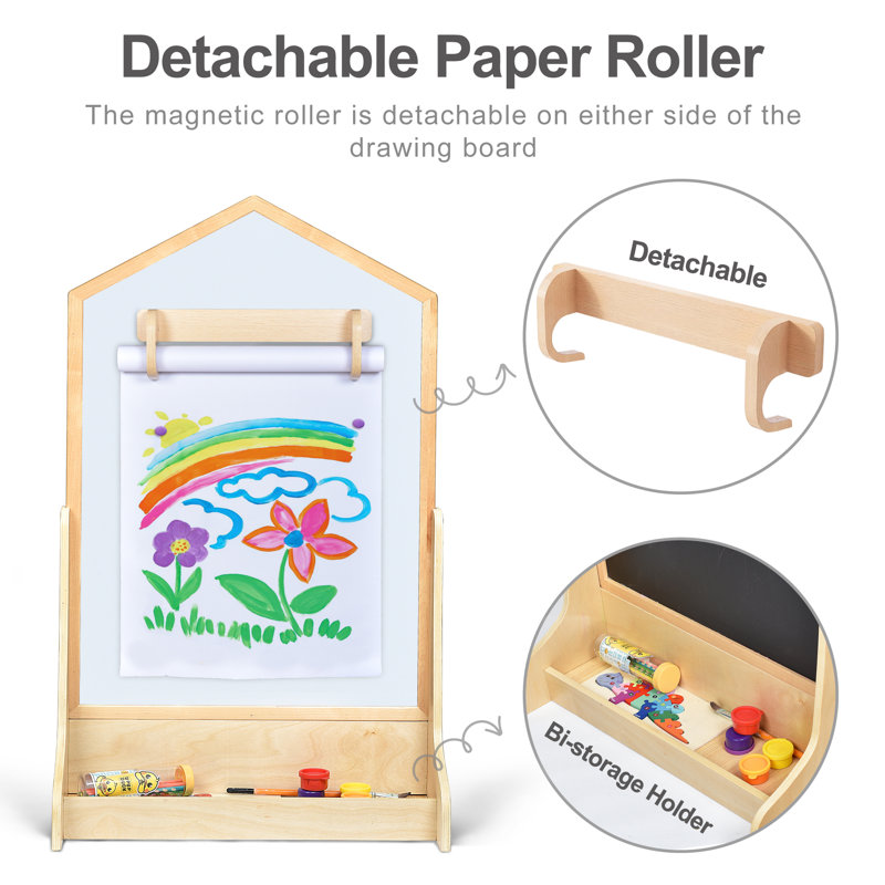 House Design Double-Sided Magnetic Drawing Board w/Detachable Roller and Bi-Storage Frame Holder for Kids