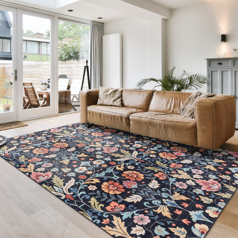 Tapis noir à motif floral rayé lavable à la machine Rayna Verner, Rectangle 6 pi 6 po x 9 pi