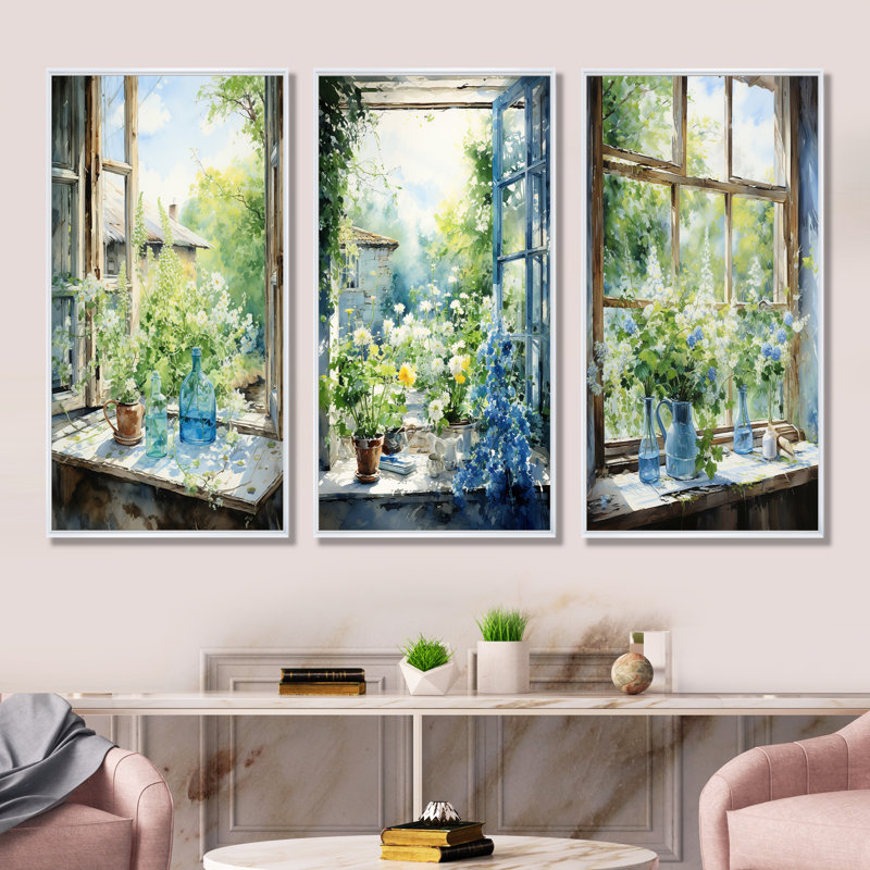 Ensemble de 3 fenêtres vertes et bleues, H 28 po x l 36 po, Cadre flottant blanc