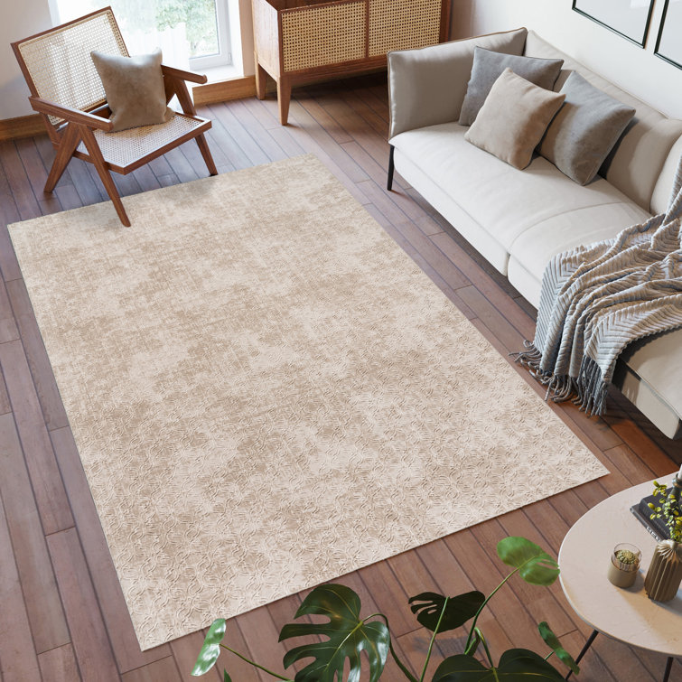 Aubepine Thandi Beige Embossed Transitional Geometric Indoor Area Rug, Soft Polyester – Living Room & Bedroom