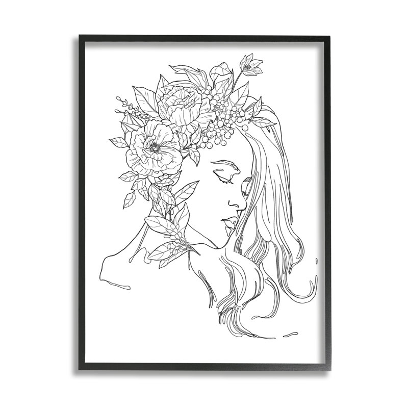 Visage de femme détaillé, ligne de fleurs épanouies par Ziwei Li - reproduction de cadre flottant sur bois