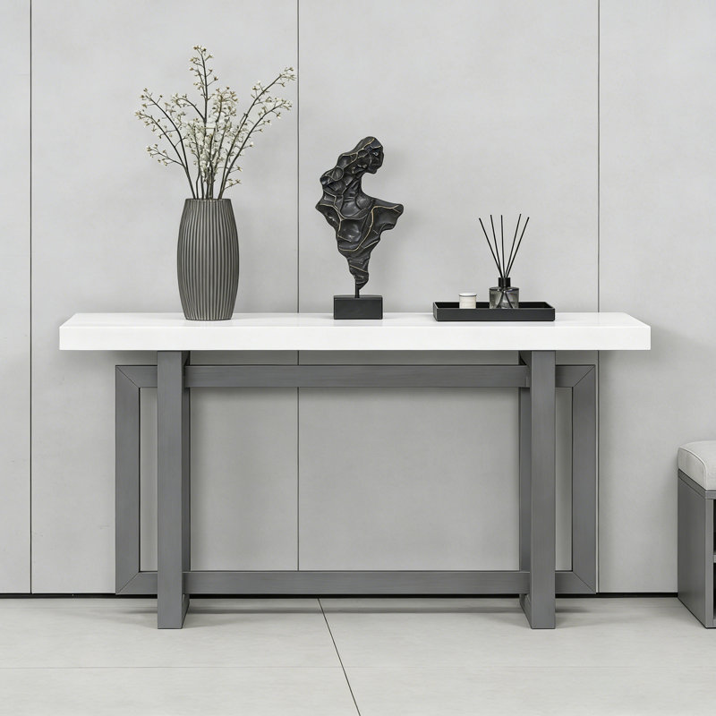 Table d'entrée en placage de pin, console triple rectangulaire, table de canapé polyvalente très longue, Blanc, Gris