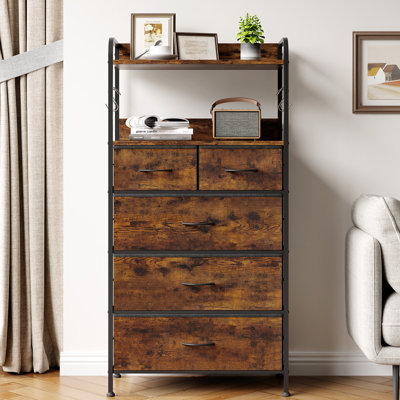 Tall Dresser for Bedroom, Vertical Dresser with 5 Fabric Drawers and 2-Tier Open Shelves