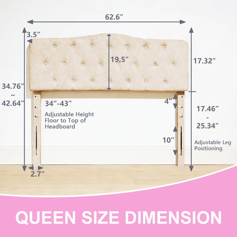 Linen Upholstered Headboard-Modern-Adjustable Height-Button Tufting, Beige, Queen