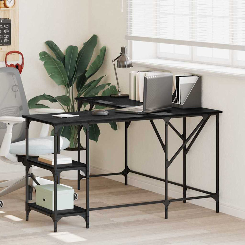 L-Shaped Metal Base Computer Desk, Black Oak, 75cm. H x 139cm. W x 139cm. D