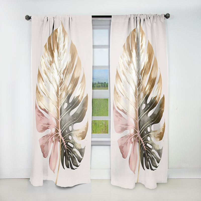 Gold And White Philodendron Leaf II - Floral Curtain - Velvet Room Darkening - 1 panel, 52" W x 84" L