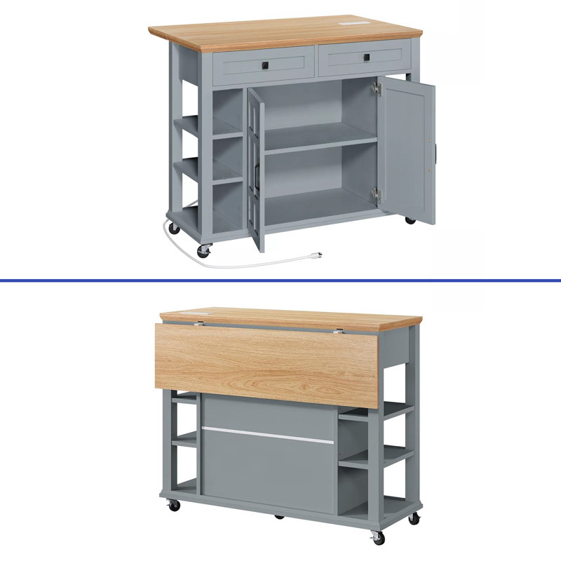 Îlot de cuisine multifonctionnel avec espace de rangement et rallonge de table, Bleu