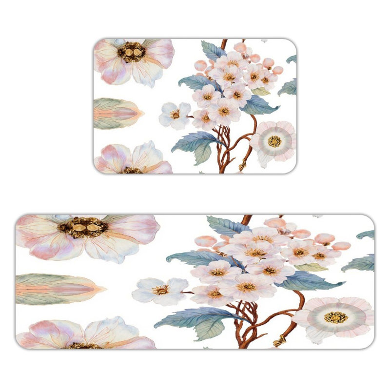 Tapis de cuisine antidérapant à motif floral pastel doux, 2 pièces