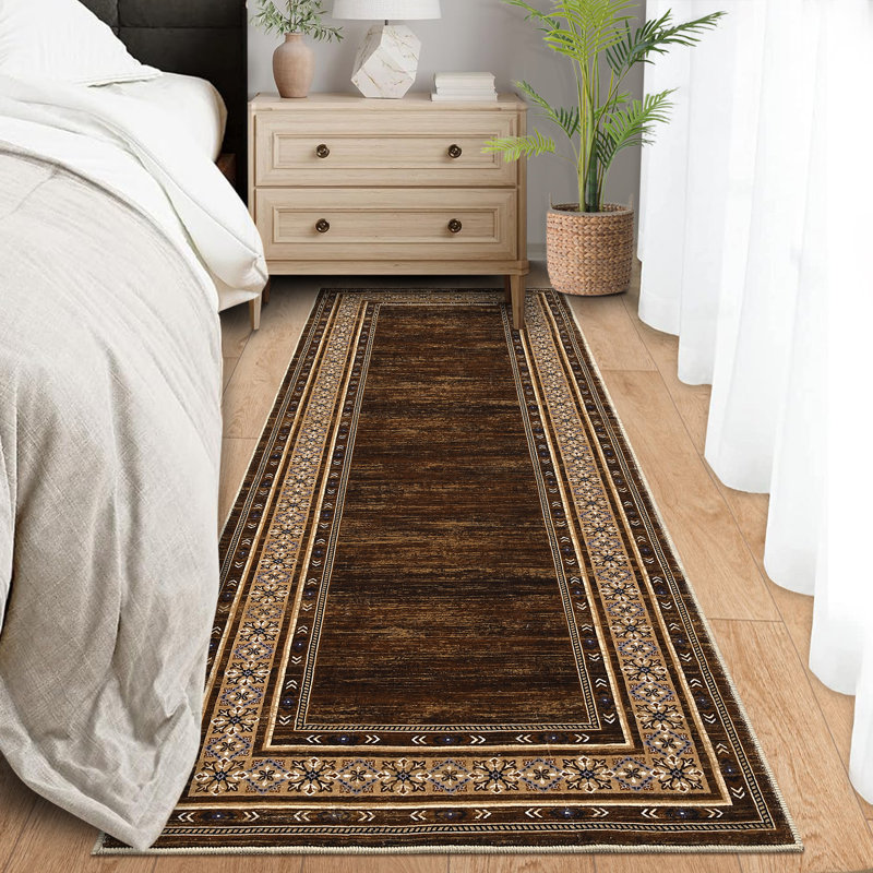 Tapis lavable à bordure moderne Tapis antidérapant pour tapis de cuisine, Brun, Tapis de couloir 2 pi x 6 pi