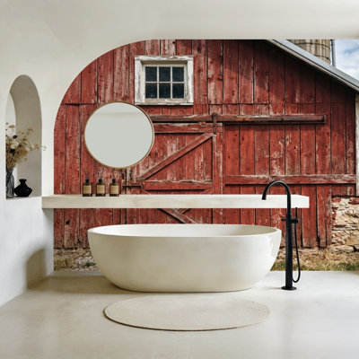 Peel and Stick Wallpaper Rustic Red Wooden Barn Weathered Stone Foundation Wall Murals 100"H x 144"W Removable PVC Wall Paper Self-Adhesive Wall Decor for Bedroom Living Room Home Office