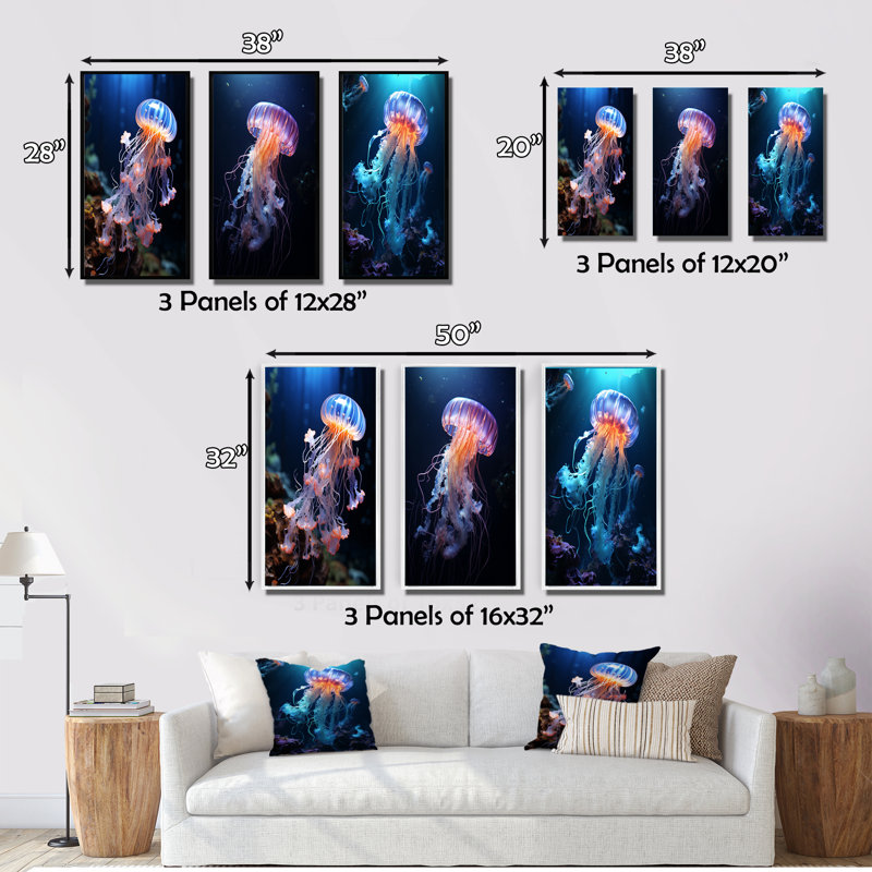 «Jellyfish Luminescent Beauty», 3 pièces sur toile, Encadrement doré, H 20 po x l 36 po