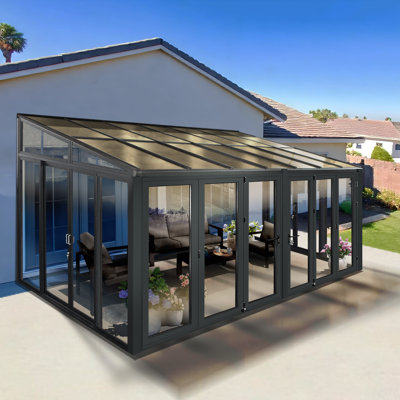 Véranda en verre trempé 16,7 pi x 9 pi avec portes pliantes rétractables - Ajout de patio moderne à effet de serre
