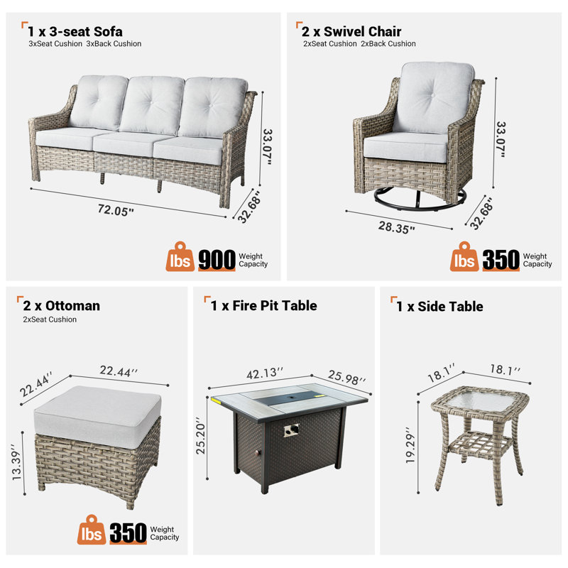 Ensemble d'extérieur en osier pour 5 personnes Emanuell avec chaises pivotantes et coussins inclus, Gris clair