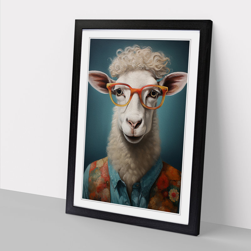 Sheep with Glasses Painting - Framed Print, Black Framed, 64cm H x 46cm W x 2cm D