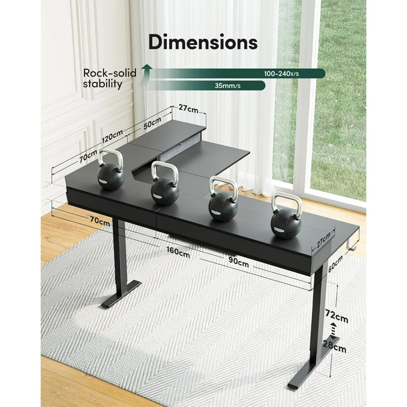 L-Shaped Electric Standing Desk With Drawers, Black