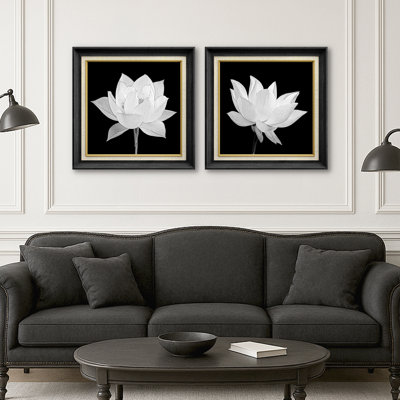"Fleur de lotus noir et blanc, art botanique moderne nordique" 2 pièces