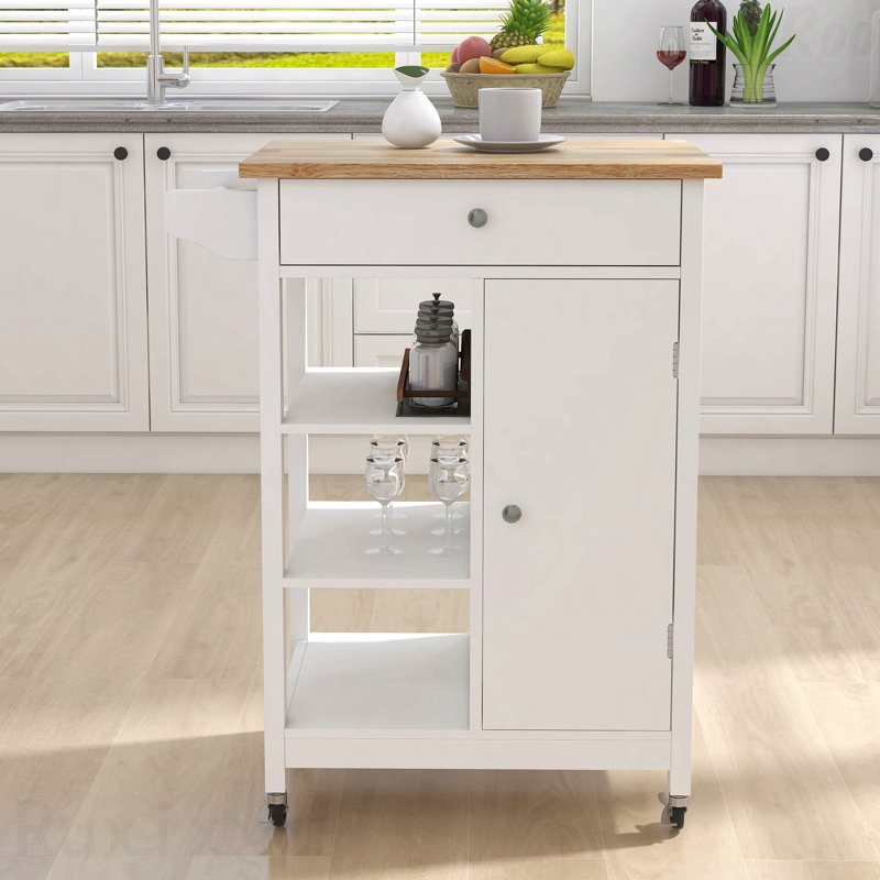 Îlot de cuisine avec chariot à roulettes avec tablettes réglables et plateau à serviettes en bois d'hévéa