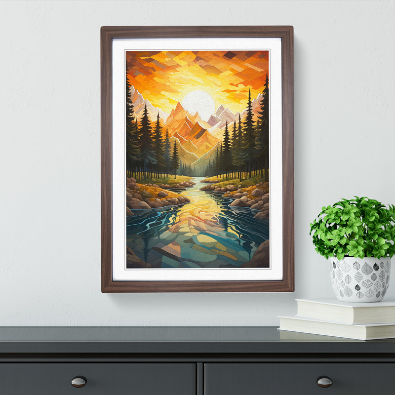 Landscape Geometric No.2 - Single Picture Frame Print on Wood, Walnut Framed, 64cm H x 46cm W