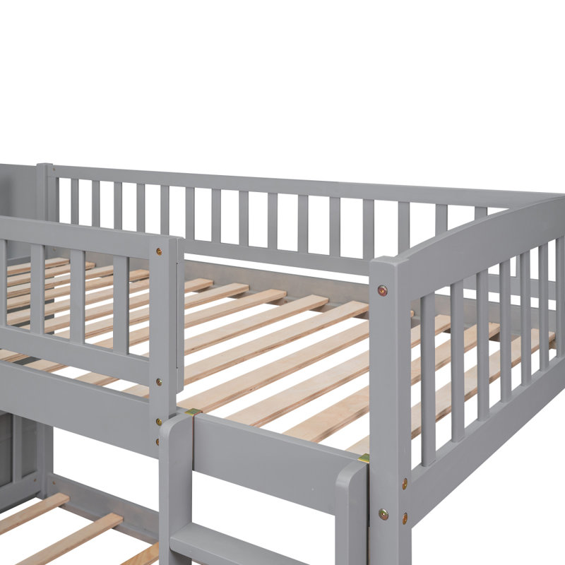 Lit superposé au dessus d'un escalier avec 2 tiroirs et glissade, Gris
