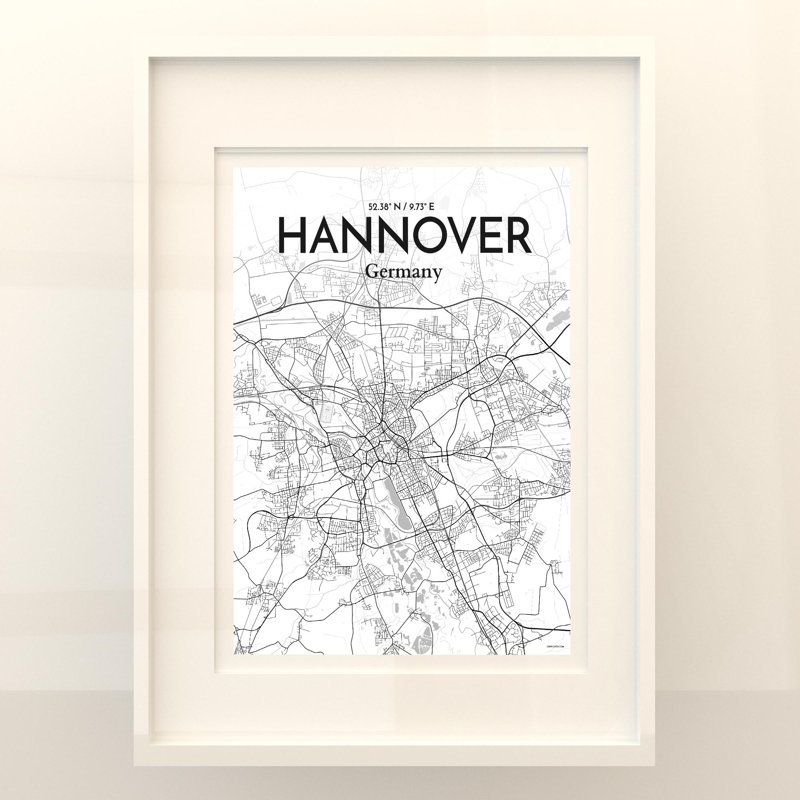«Hannover City Map», impression, H 24 po x l 18 po, Gris / blanc