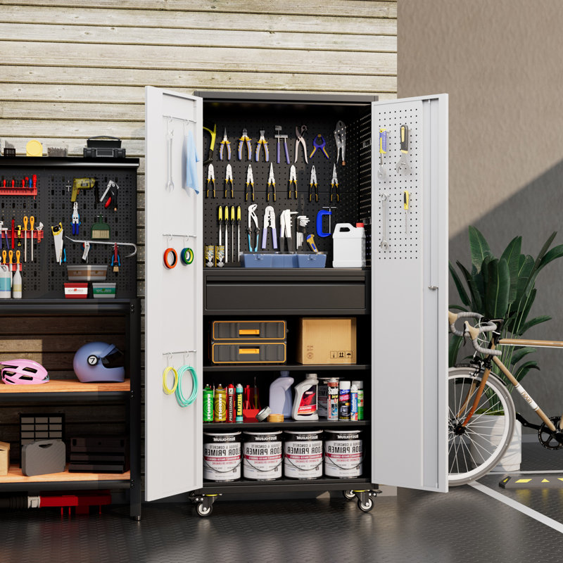 30 In. W X 71 In. H X 15 In. D 2-shelf Metal Freestanding Storage Cabinet With Multipurpose Pegboard In Gray And White