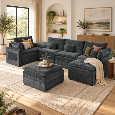Canapé d'angle modulaire en forme de U Chaisoria 132 po surdimensionné 6 places en chenille effet nuage avec 2 poufs méridienne amovibles, modules d'assise détachables, mousse haute résilience et soutien à ressorts