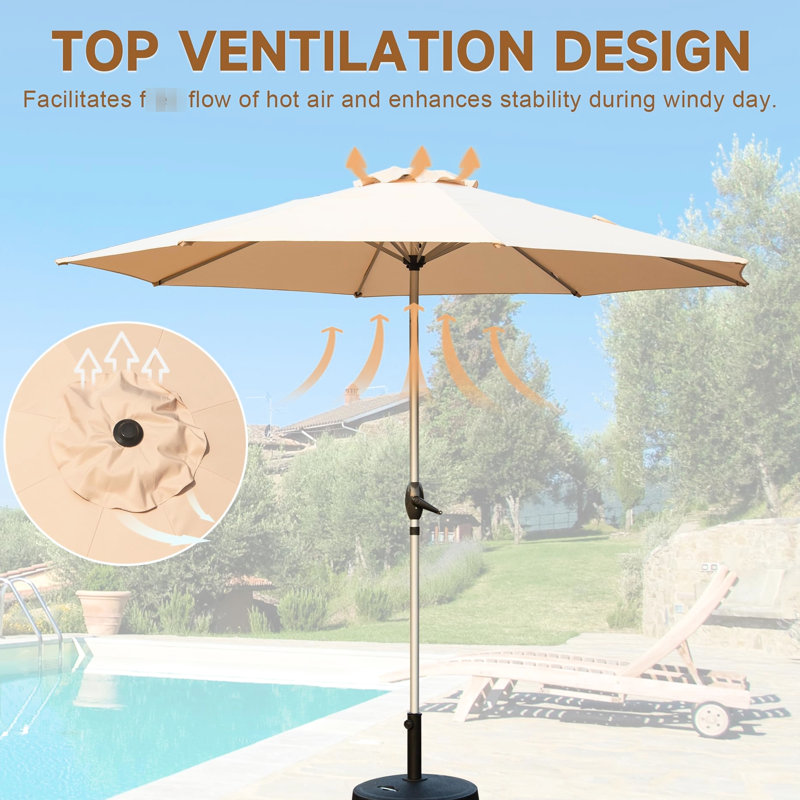 Parasol de patio 9 pieds - Protégé, imperméable, aquatique, 8 nervures et stable, pour le jardin, la terrasse, la cour arrière, la piscine, l'inclinaison réglable beige,