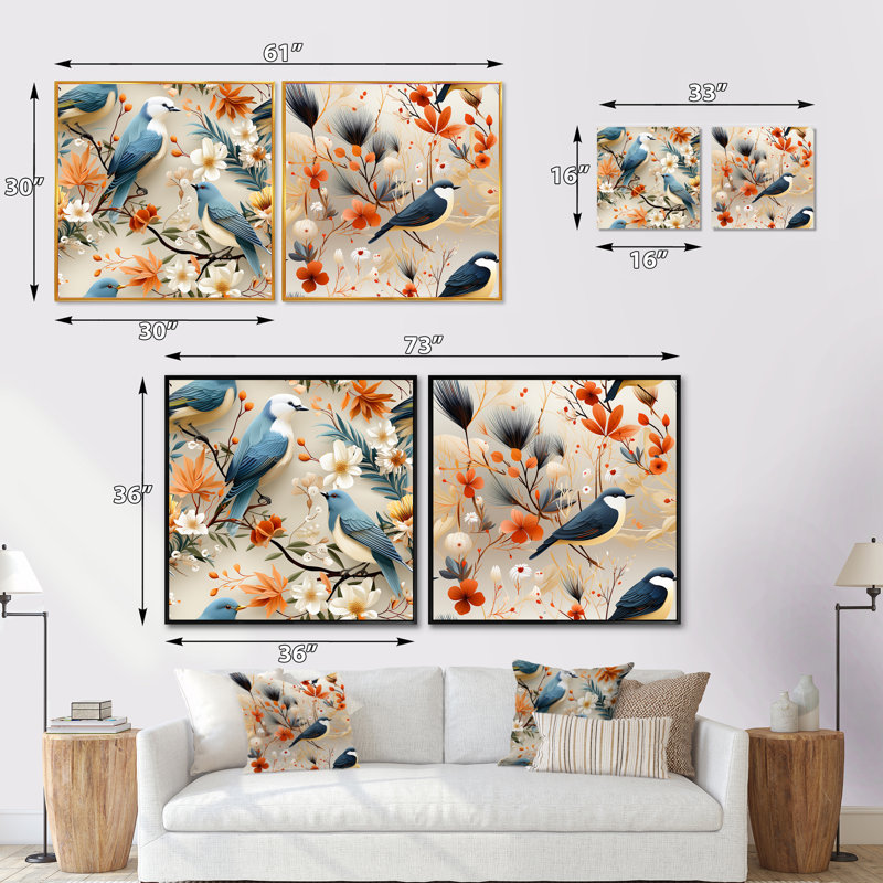Collage Maelyss Birds On Branch, H 16 po x l 33 po, Cadre flottant blanc