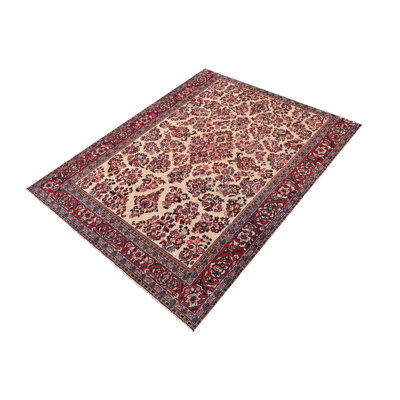 Vintage Antique Connie Beige Red Hand Knotted Wool Rug- 6'2'' X 8'8''