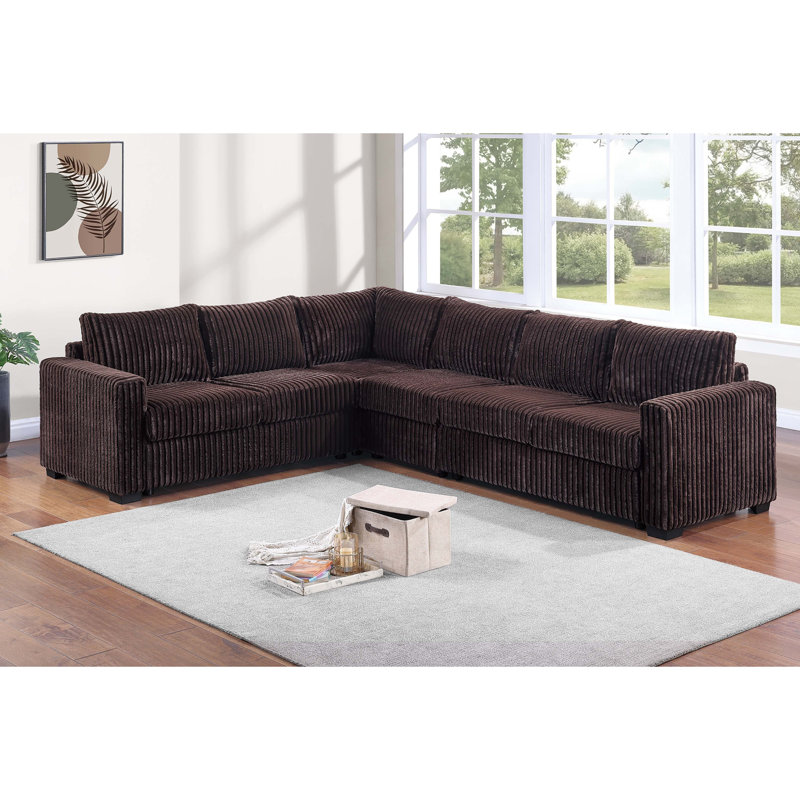 L-Shaped Sectional Set 4Pc One Arm Loveseat Armless Chair Corner Wedge Cushion Back Plastic Leg Corduroy Upholstered Primary Living Room