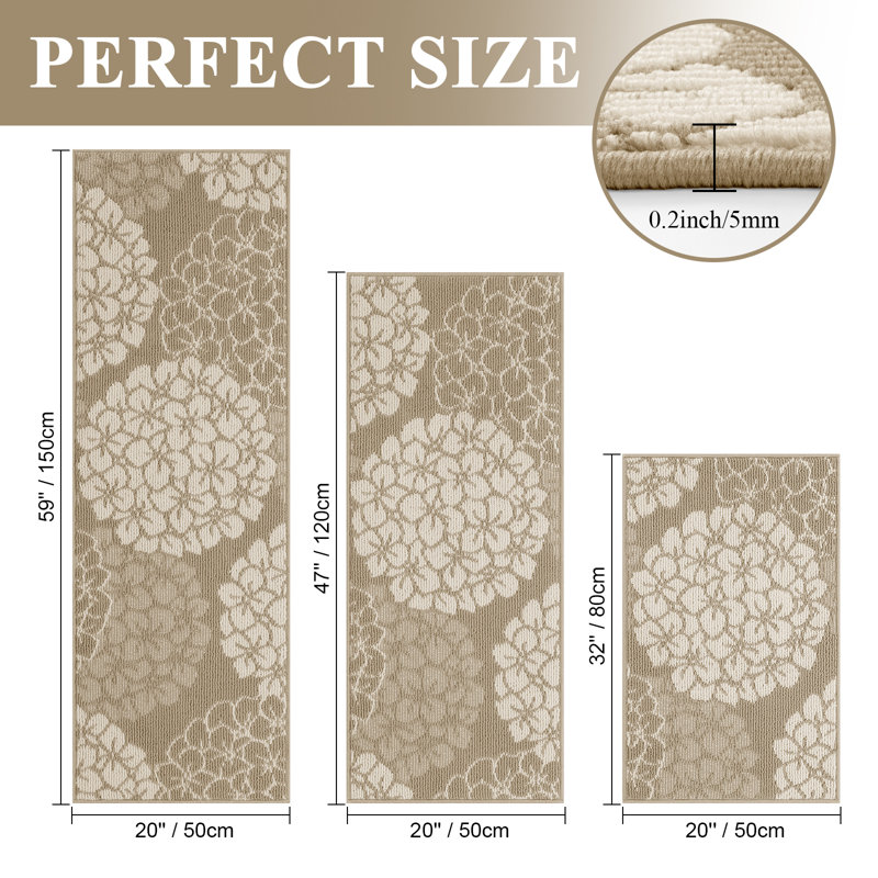 Hydrangea Stain-resistant Kitchen Mat (Set of 3), Beige