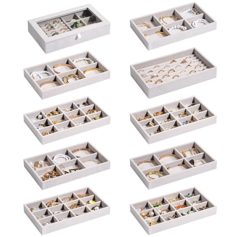 Boîte à bijoux avec plateau de rangement pour bijoux, porte-boucle d'oreille en velours empilable