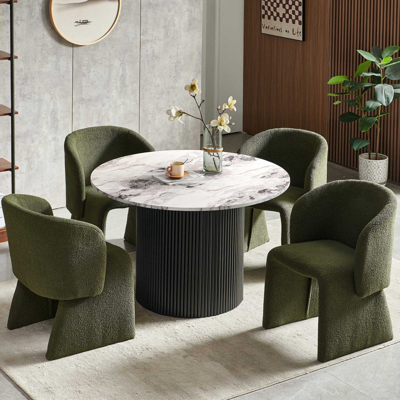 5-Piece Dining Table Set, Wood Top, Faux Fur Armchairs, Black, Green, White Marble