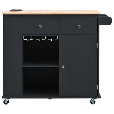 Kitchen Island With Power Outlet,Kitchen Storage Island With Drop Leaf And Rubber Wood,Open Storage And Wine Rack,5 Wheels,With Adjustable Storage For Home, Kitchen, And Dining Room, Black