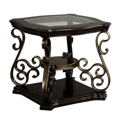 Table de bout: plateau en verre, tablette, pieds en métal, L 26,3 po x l 26,3 po x H 24 po, brun foncé et table en brun, avec tablette en verre