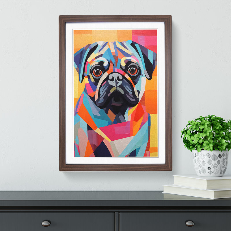 Pug Constructivism - Single Picture Frame Print on Wood, 46cm H x 34cm W x 2cm D, Walnut