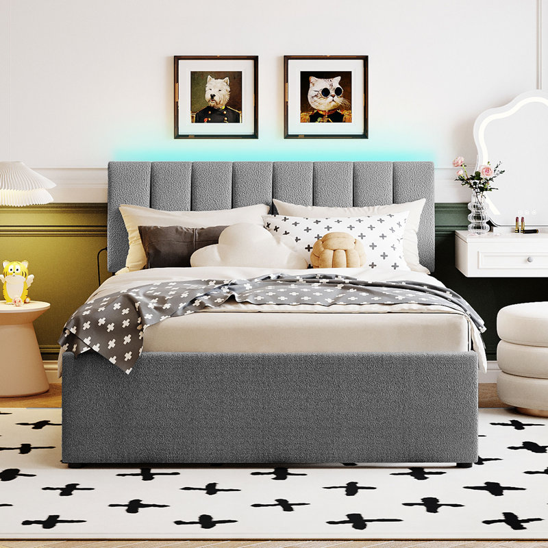 Lit plateforme tapissier avec lit gigogne double Teddy, Gris, Lit double