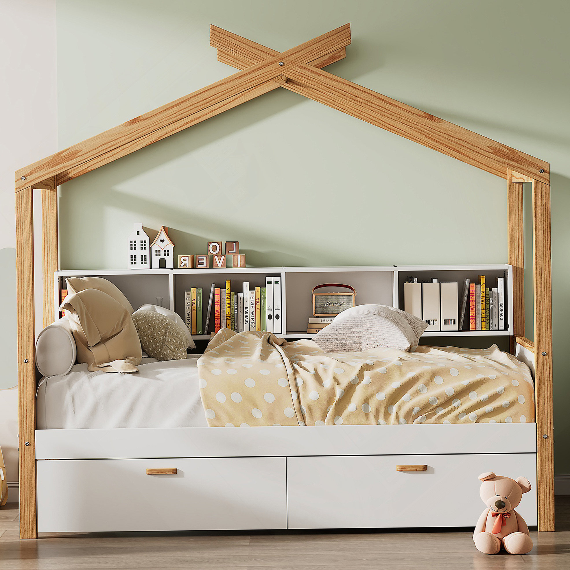 Ebern Designs House Bed With Two Drawers And Four Bookshelves For ...