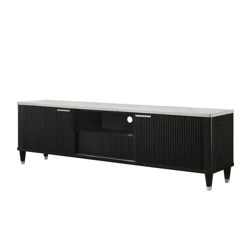 Modern Luxury Faux Marble Top TV Stand With Sliding Doors And Open Shelving, Tapered Legs For Elegant Living Spaces, Black