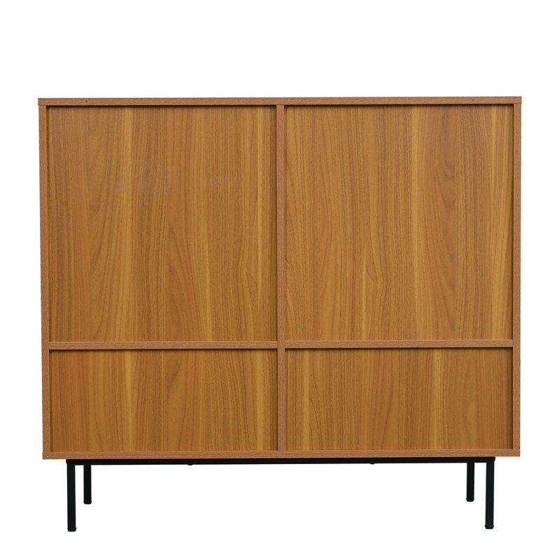 Sideboard, Kitchen Cabinet, Storage Cupboard with Rattan Decorated Doors, with 2 Sliding Barn Doors, 100 x 37 x 90 cm, Adjustable Shelves, Walnut
