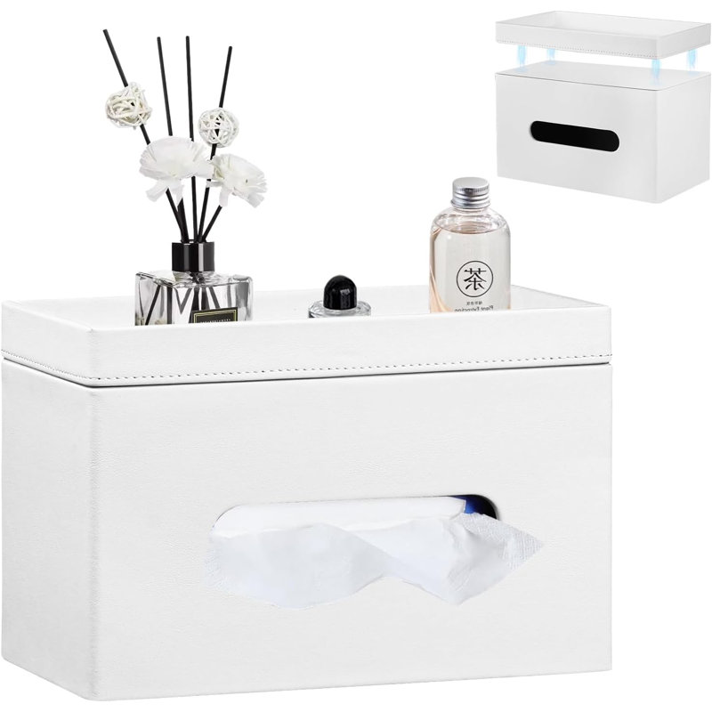 Couvercle de boîte à mouchoirs en similicuir avec plateau de rangement détachable, convient à une boîte de papier-mouchoir rectangulaire de 230 unités, moderne et moderne pour la salle de bain, la commode de chambre à coucher, la table de chevet