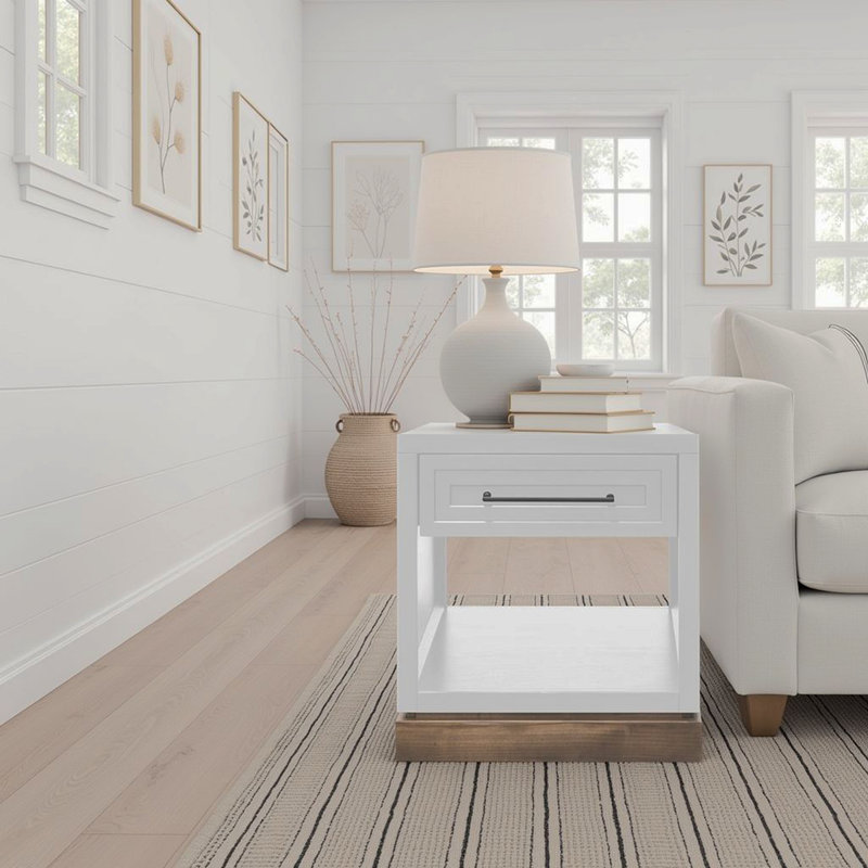 Table de bout Nora 22 po, aucun assemblage requis, finition blanc jasmin et bois de grange