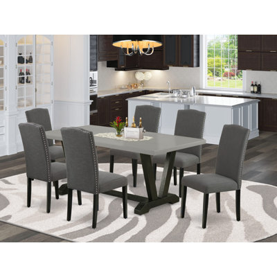 7-Piece Rectangular Dining Table Set with a Wonderful Cement Kitchen Table top and 6 Dark Shitake dining room chairs with Nail Heads and Wire Brushed Black Finish